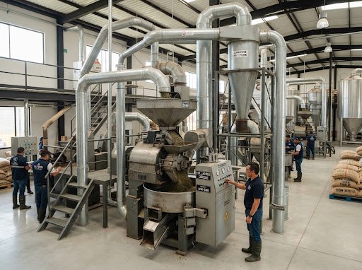 Maquinaria de procesamiento de café conectada a ductos y ciclones en una nave industrial.
